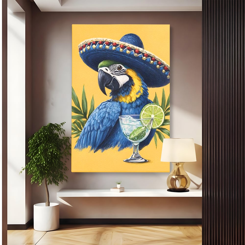 Tablou canvas cu tablou canvas cu papagal si sombrero, fara rama, pe sasiu de lemn